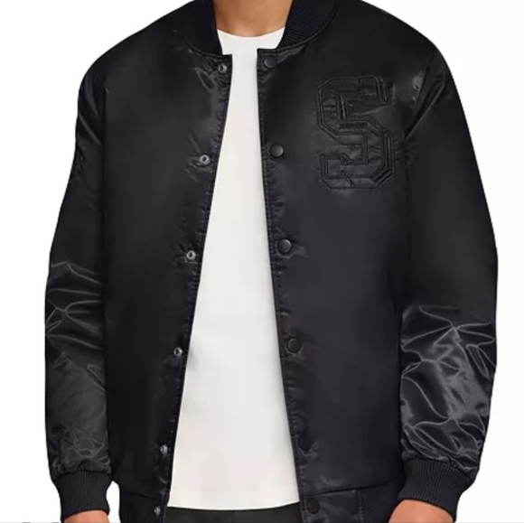 90s Y2k Authentic Starter Satin Bomber Jacket Black On Black Plain Medium Unisex - Picture 1 of 15
